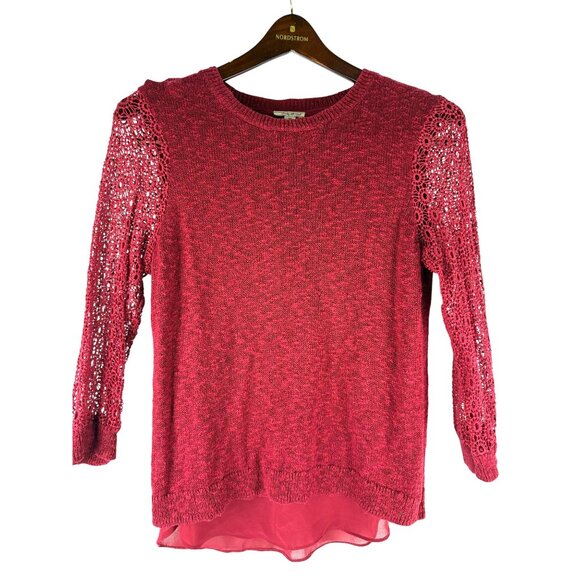 Boho Cottage Feminine Sheer Lucky Brand Crochet Knit Red Sweater, Women's Medium - Picture 1 of 7